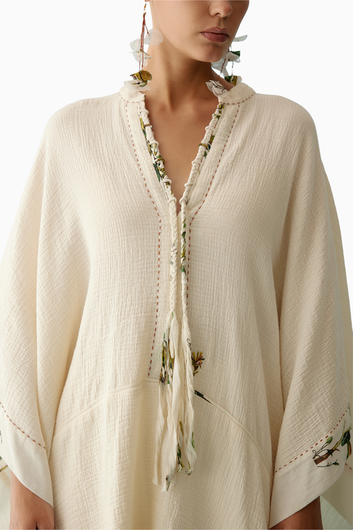 Cream Hand-Braided Tassel Kaftan