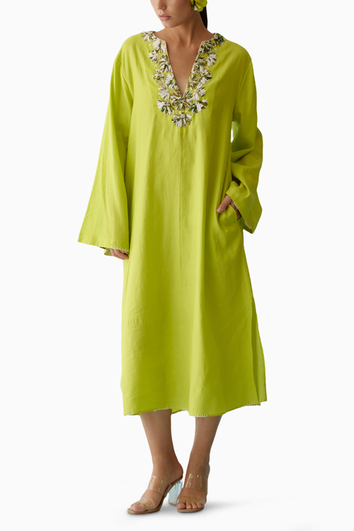 Lime Green Fabric Ribbon Embroidery Flower Kaftan
