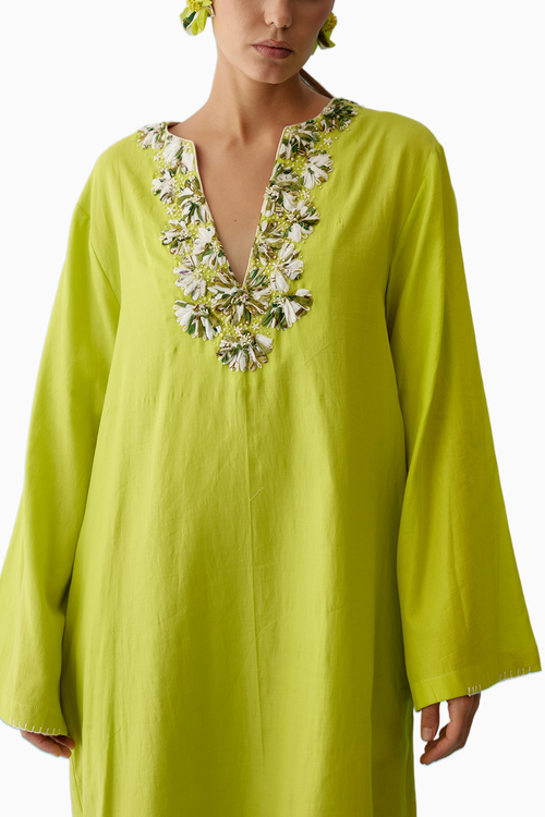 Lime Green Fabric Ribbon Embroidery Flower Kaftan