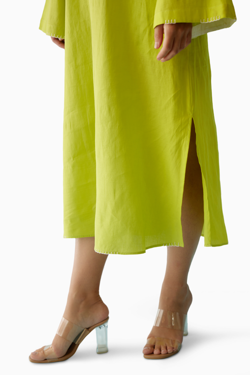 Lime Green Fabric Ribbon Embroidery Flower Kaftan