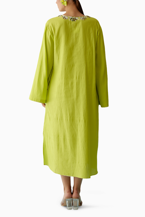 Lime Green Fabric Ribbon Embroidery Flower Kaftan
