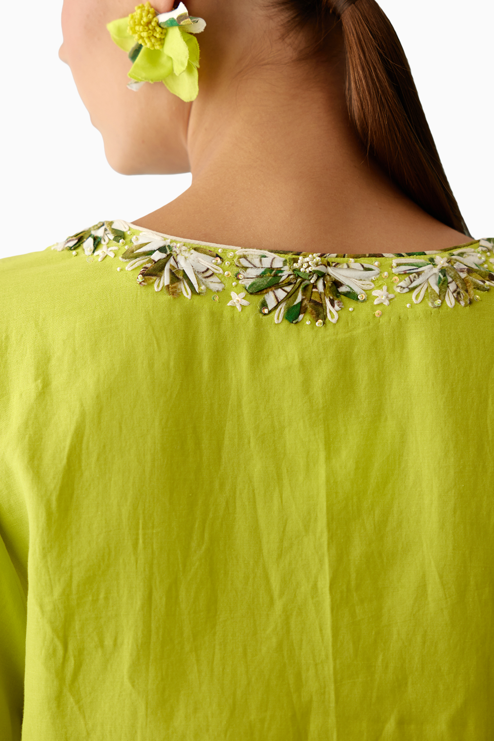 Lime Green Fabric Ribbon Embroidery Flower Kaftan