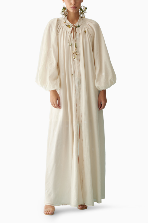 Cream Handwoven Jamdani Cotton Bubble Sleeves Overgarment
