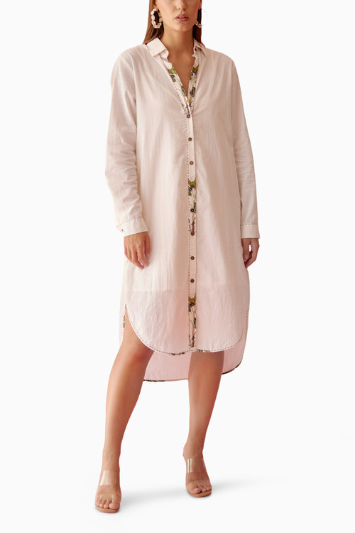 Cream Banana Tree Applique Hi-Low Shirt Dress