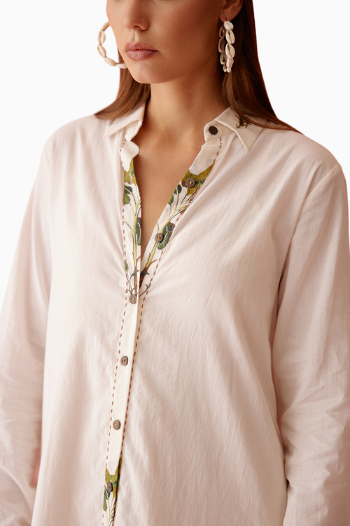 Cream Banana Tree Applique Hi-Low Shirt Dress