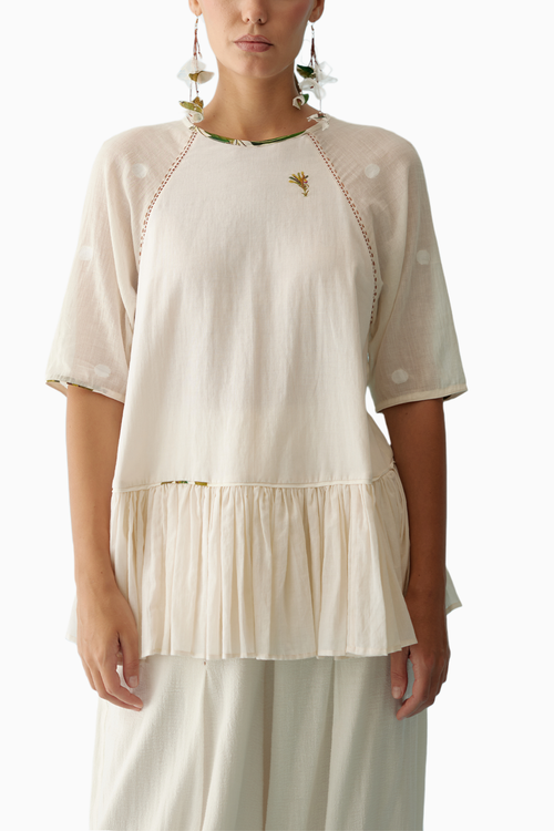 Cream Handwoven Jamdani Cotton Hi-Low Top