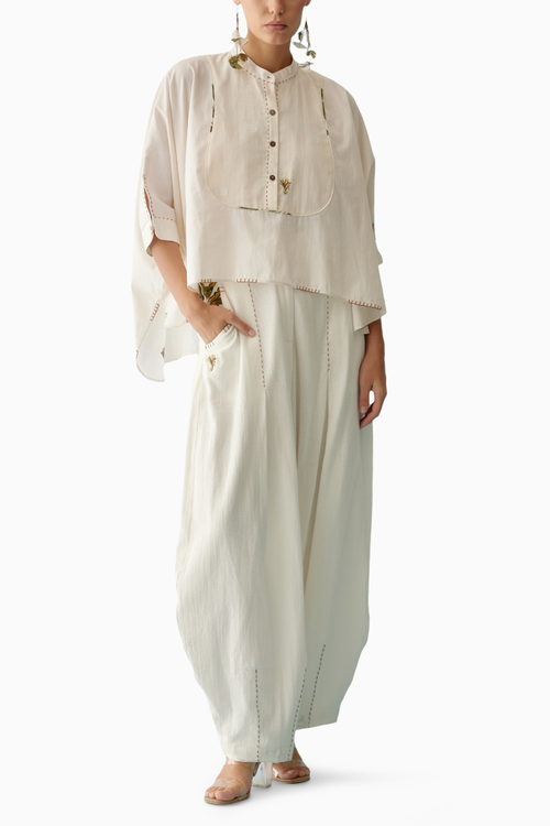 Cream Handwoven Jamdani Yoke Hi-Low Top