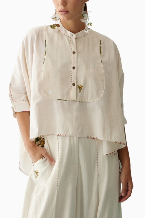 Cream Handwoven Jamdani Yoke Hi-Low Top