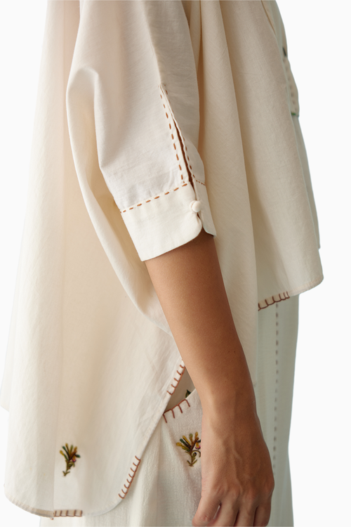 Cream Handwoven Jamdani Yoke Hi-Low Top