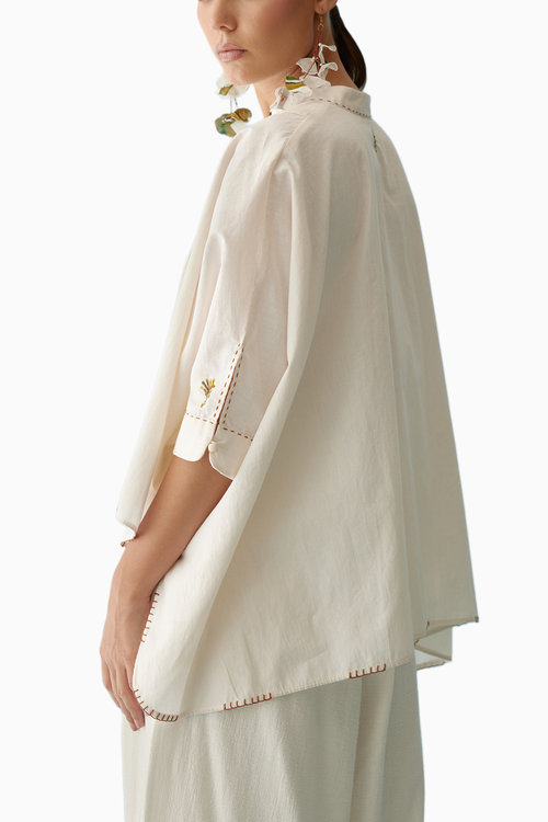 Cream Handwoven Jamdani Yoke Hi-Low Top
