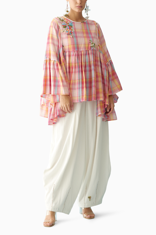 Pink Madras Checks Frill Top