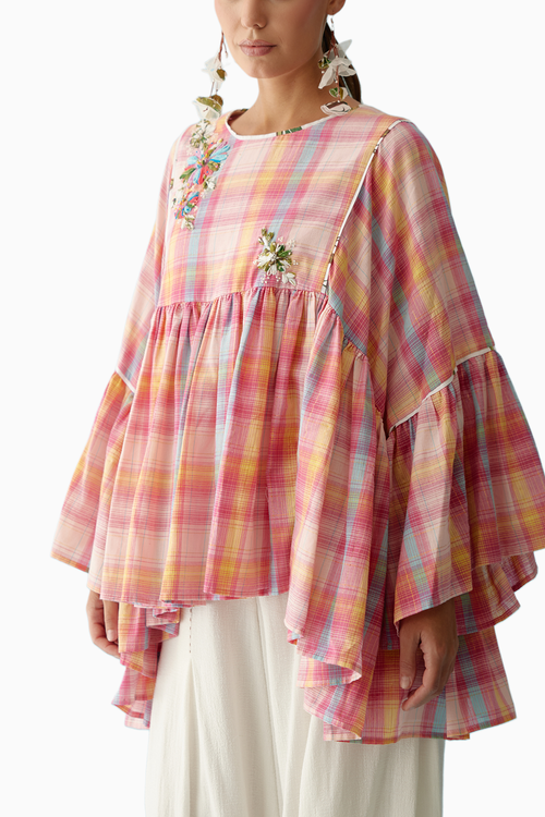 Pink Madras Checks Frill Top
