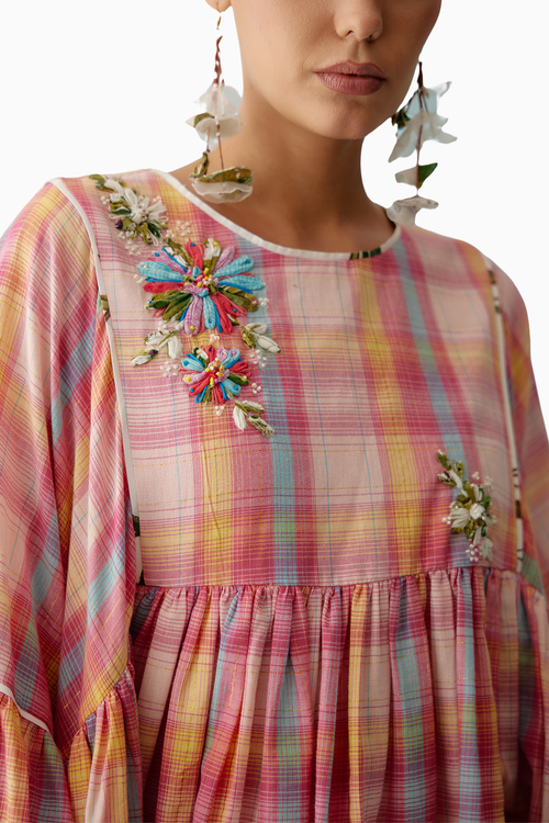 Pink Madras Checks Frill Top