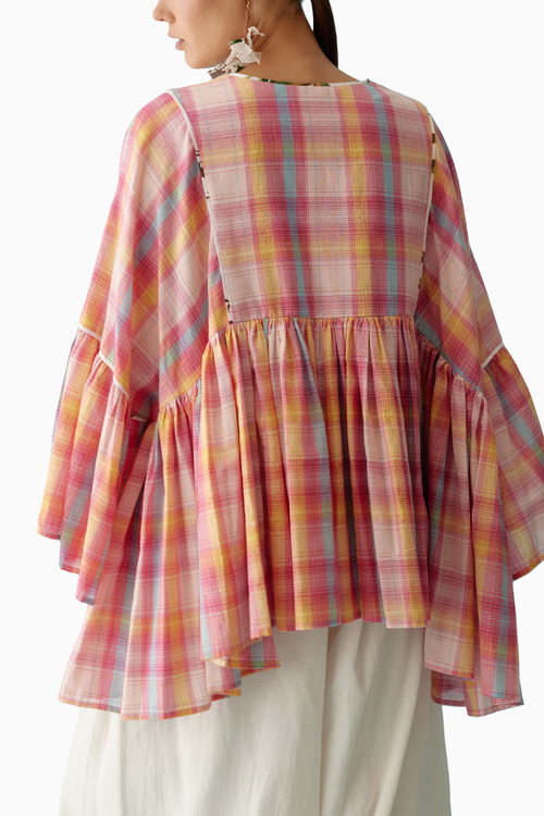 Pink Madras Checks Frill Top