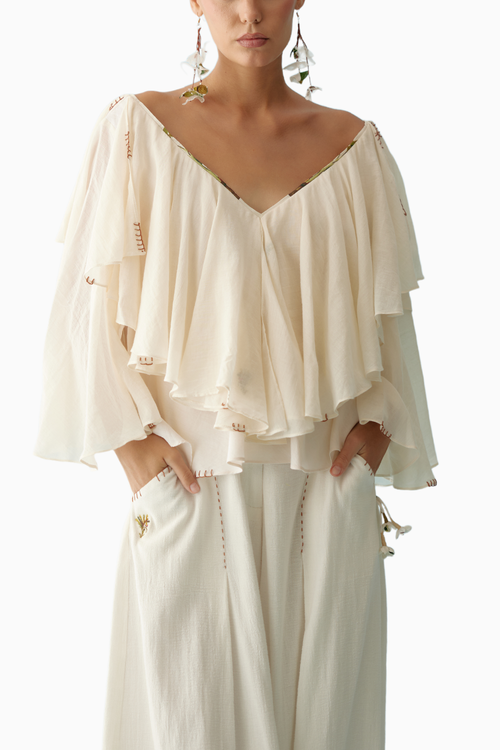 Cream Banana Tree Applique Frill Top