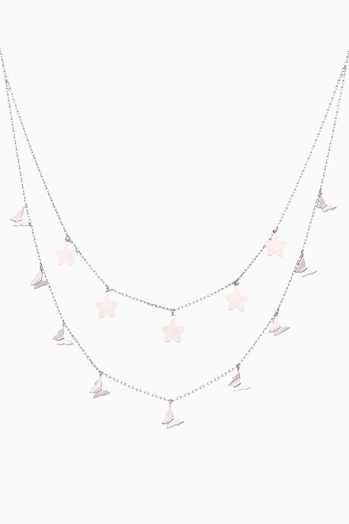 String Of Flowers & Butterflies Double Layered Silver Chain Necklace