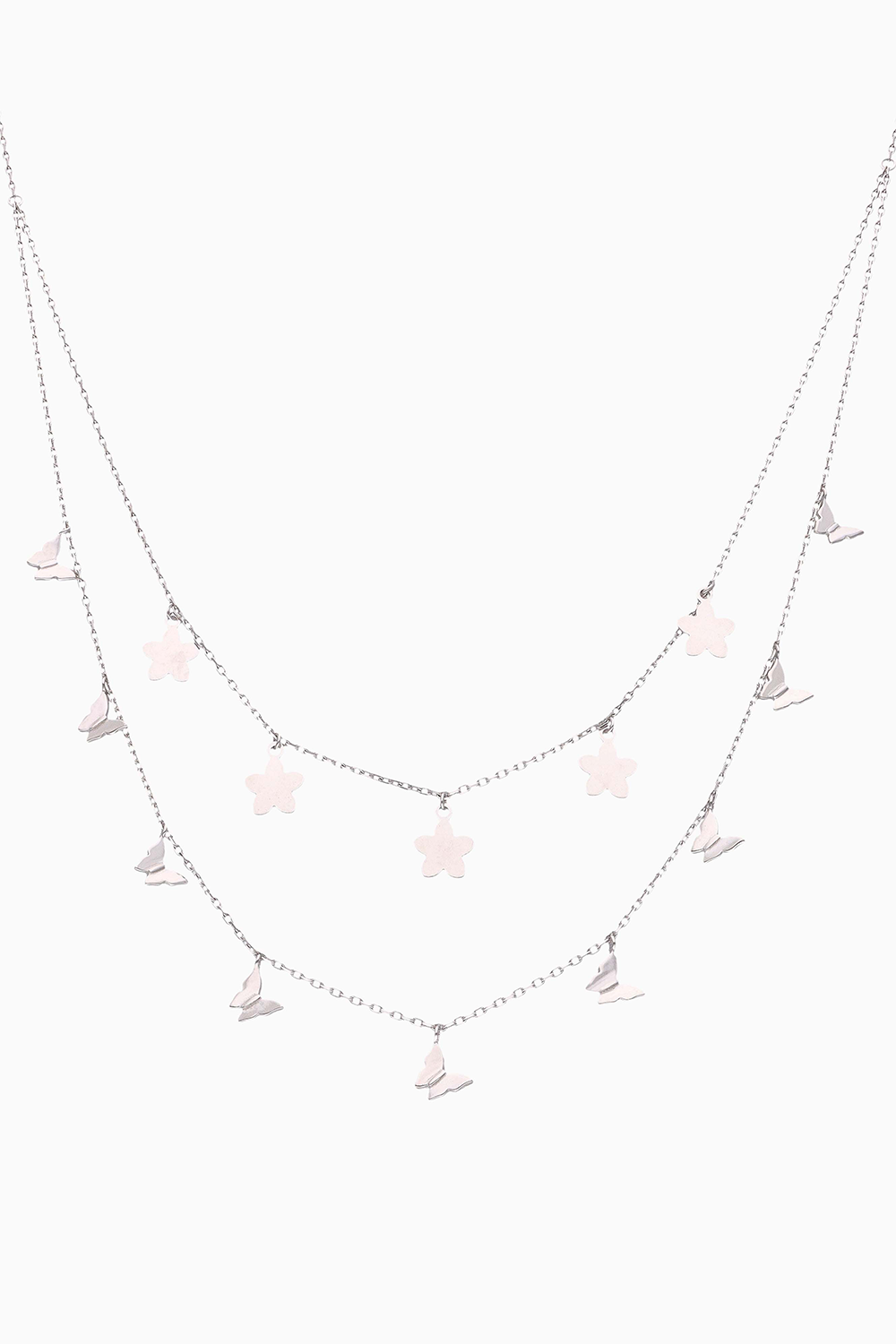 String Of Flowers & Butterflies Double Layered Silver Chain Necklace