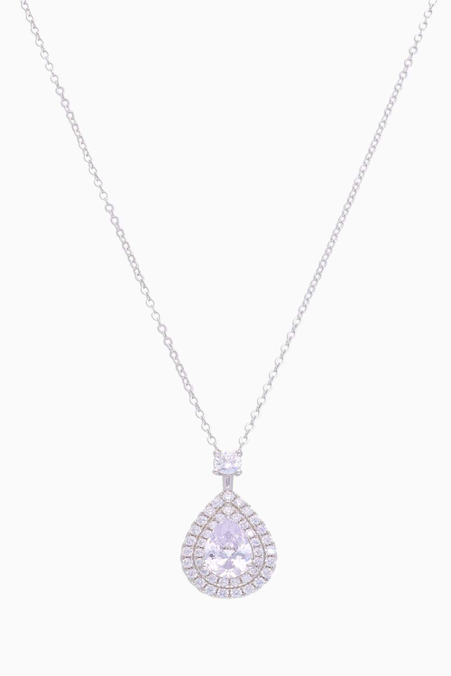 Pave Single Drop Zircon Stud Long Silver Chain Necklace