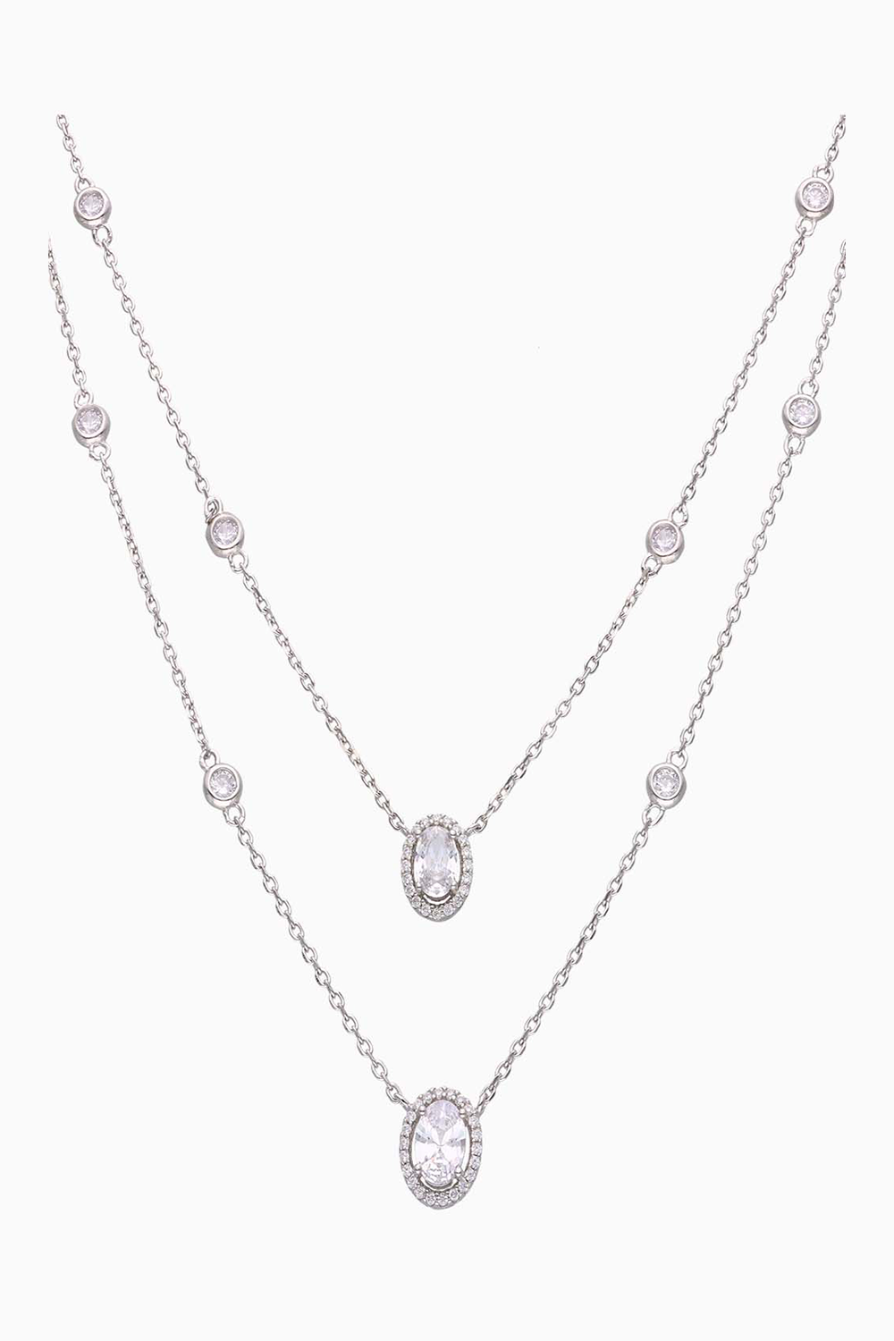 Oval Cut Double Layered Silver Chain Necklace