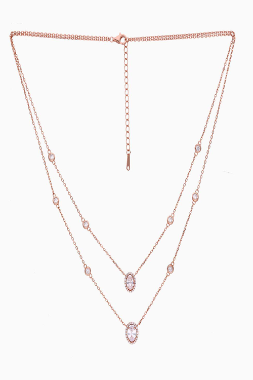 Oval Cut Double Layered Silver Chain Necklace