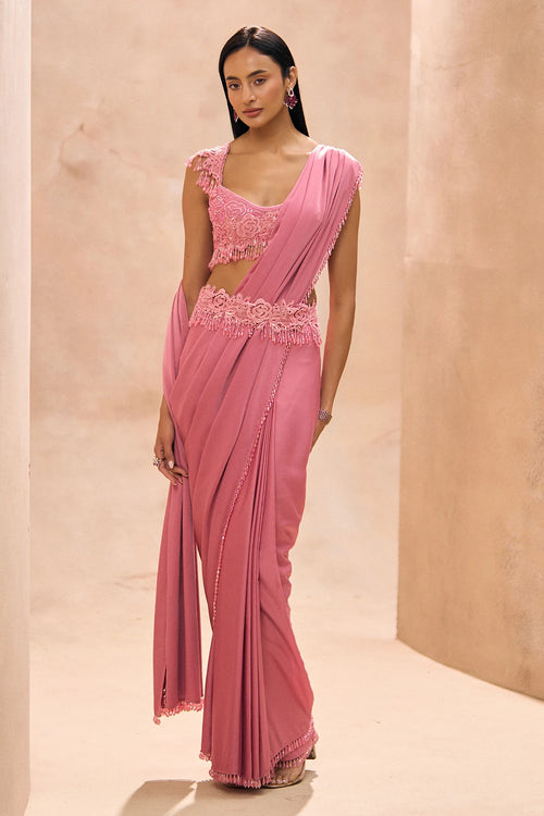 Kayna Pink Pre-Stitched Drops Saree Set