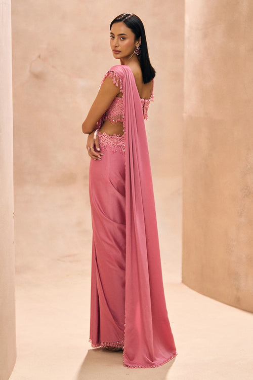Kayna Pink Pre-Stitched Drops Saree Set