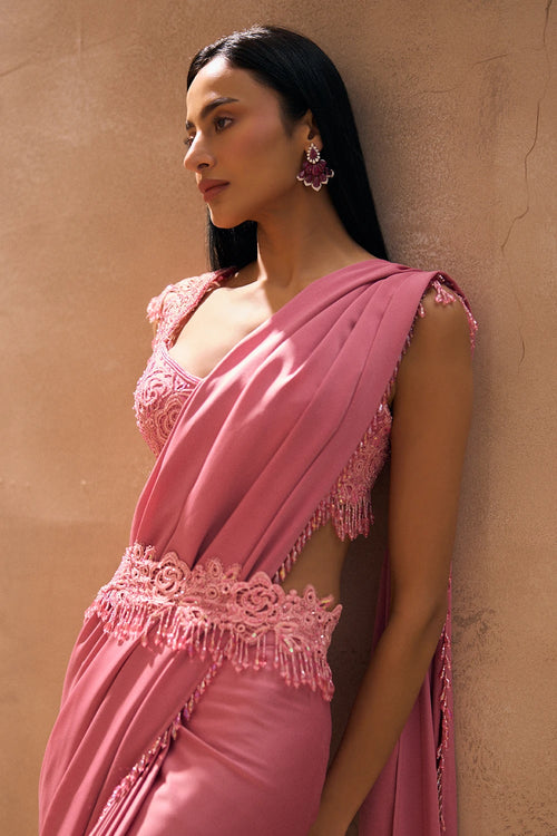 Kayna Pink Pre-Stitched Drops Saree Set
