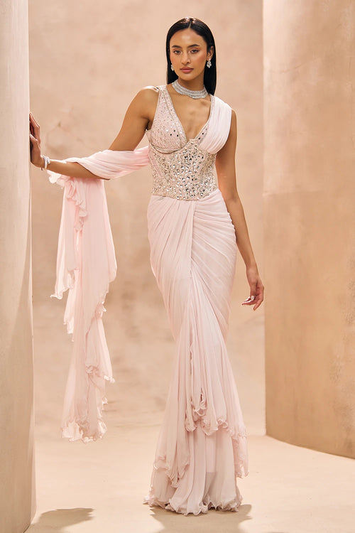 Agnes Baby Pink Ruffle Saree Set