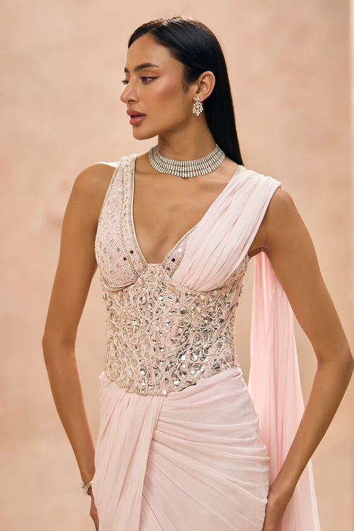 Agnes Baby Pink Ruffle Saree Set