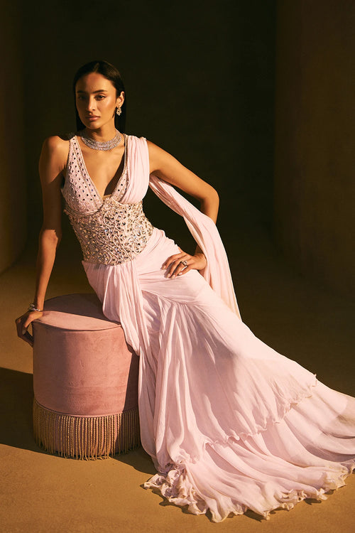 Agnes Baby Pink Ruffle Saree Set