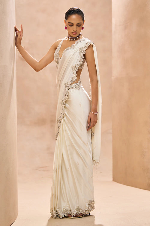 Skyvi Ivory Pre-Stitched Saree Set