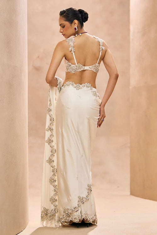 Skyvi Ivory Pre-Stitched Saree Set