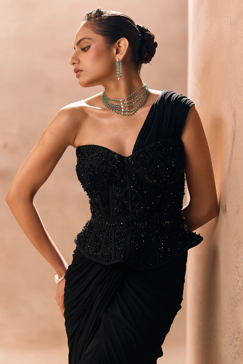 Aimee Black Peplum Corset Top With Ruffle Saree Set