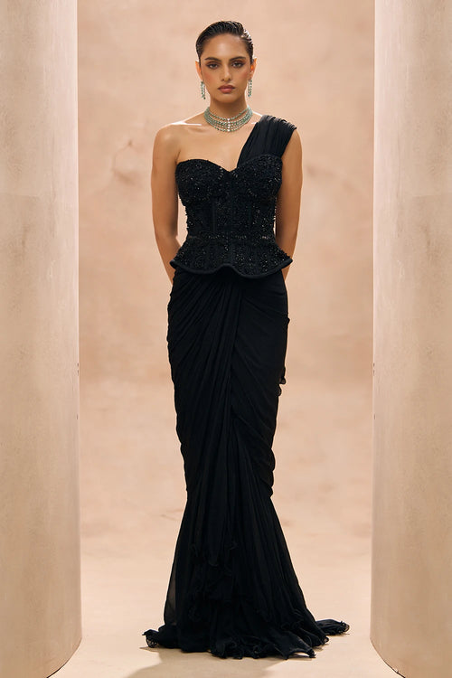 Aimee Black Peplum Corset Top With Ruffle Saree Set