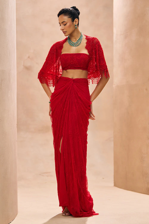 Sylvie Red Cape With Drape Skirt Set