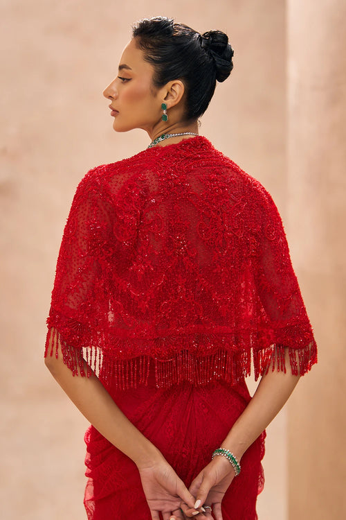 Sylvie Red Cape With Drape Skirt Set