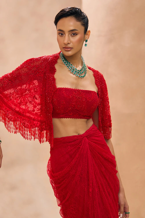 Sylvie Red Cape With Drape Skirt Set
