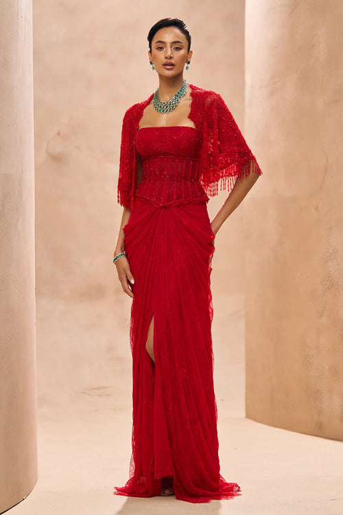 Elenore Red Cape With Drape Skirt Set