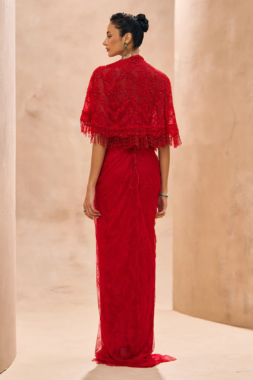 Elenore Red Cape With Drape Skirt Set