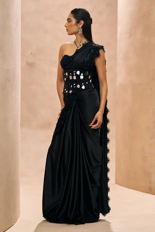 Lea Black Corset Belt & Saree Set