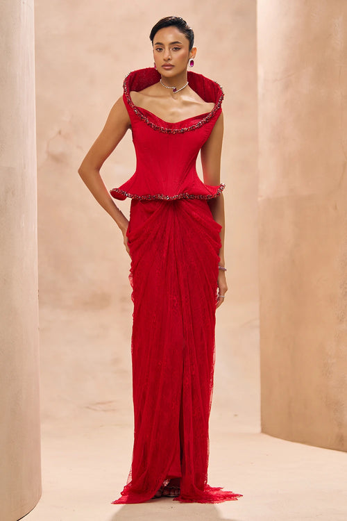 Mallory Red Drama Corset With Drape Skirt Set
