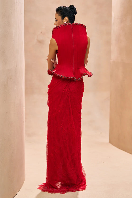 Mallory Red Drama Corset With Drape Skirt Set