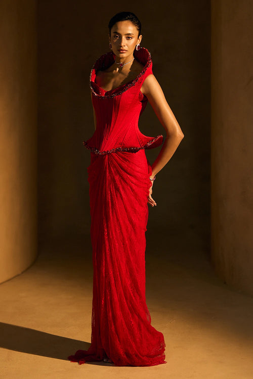 Mallory Red Drama Corset With Drape Skirt Set