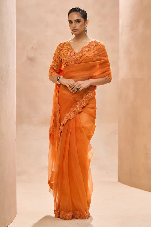Eleni Orange Saree With Blouse Set