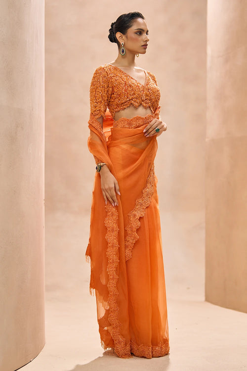 Eleni Orange Saree With Blouse Set