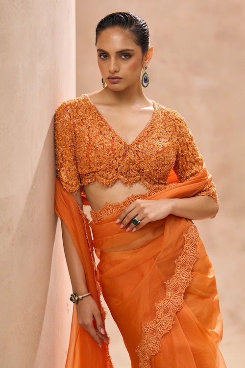 Eleni Orange Saree With Blouse Set