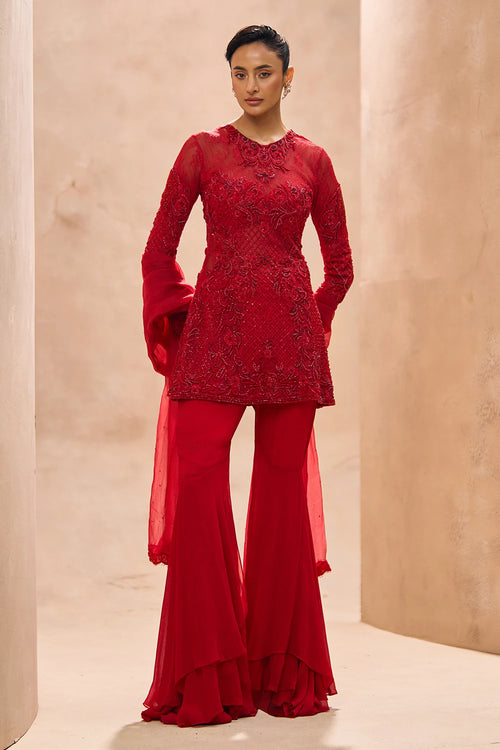 Inaya Red A-Line Embellished Kurta With Sharara Set