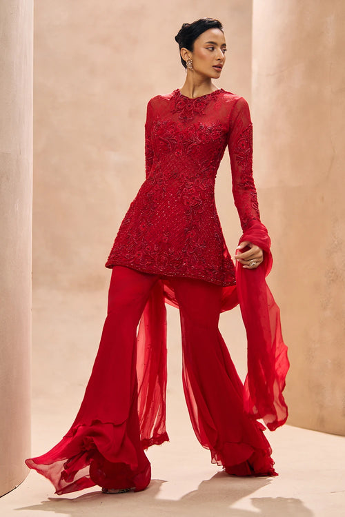 Inaya Red A-Line Embellished Kurta With Sharara Set
