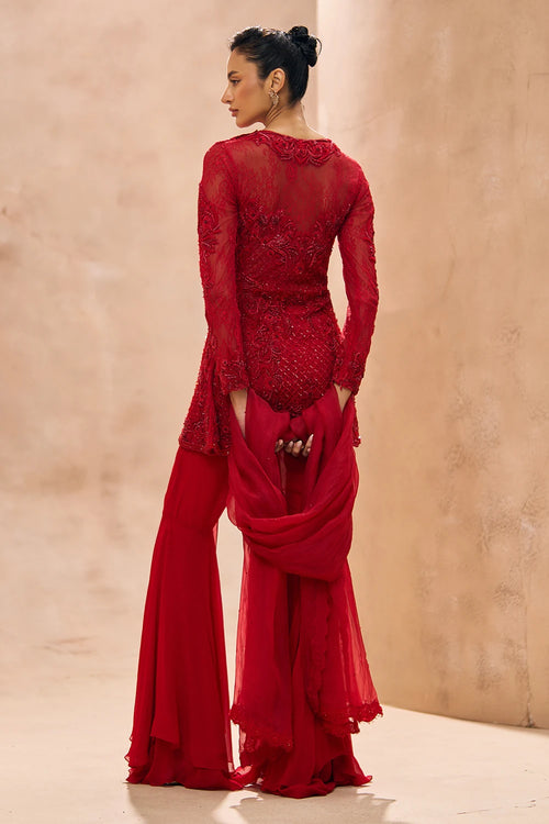 Inaya Red A-Line Embellished Kurta With Sharara Set