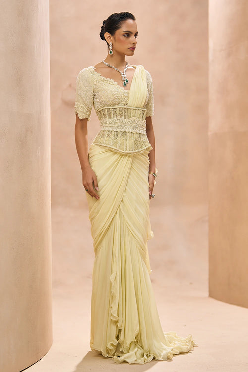 Cesca Butter Yellow Ruffle Saree Set